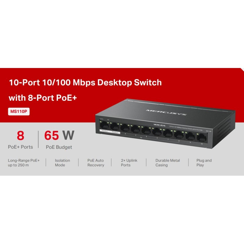 Switch Desktop 10 porte 10/100 PoE+  - Mercusys MS110P